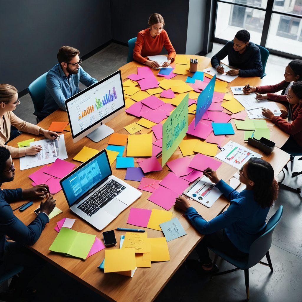 A digital workspace featuring a diverse group of people brainstorming around a modern table, surrounded by vibrant sticky notes and laptops, highlighting the concept of collaboration and creativity in content creation. Incorporate elements like shareable social media icons and analytics graphs floating above them, symbolizing online presence. super-realistic. vibrant colors. 3D.