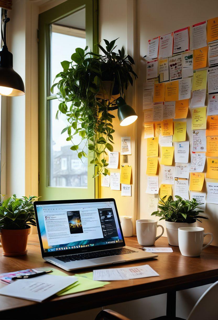 A digital workspace filled with creative tools, featuring a laptop open to a personal blog page, surrounded by colorful sticky notes and a steaming coffee cup. The scene includes an artistic wall with inspiring quotes about blogging and content creation, with soft sunlight streaming in through a window. A plant adds a touch of greenery to the environment. super-realistic. vibrant colors. warm tones.