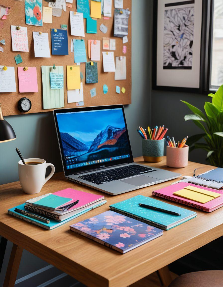 A creative workspace showcasing a laptop on a desk surrounded by colorful stationery, a coffee cup, and inspirational quotes pinned to a corkboard. The background features a wall adorned with art and a bookshelf filled with personal development books. The scene conveys a blend of passion and professionalism in blogging. vibrant colors. cozy atmosphere. super-realistic.